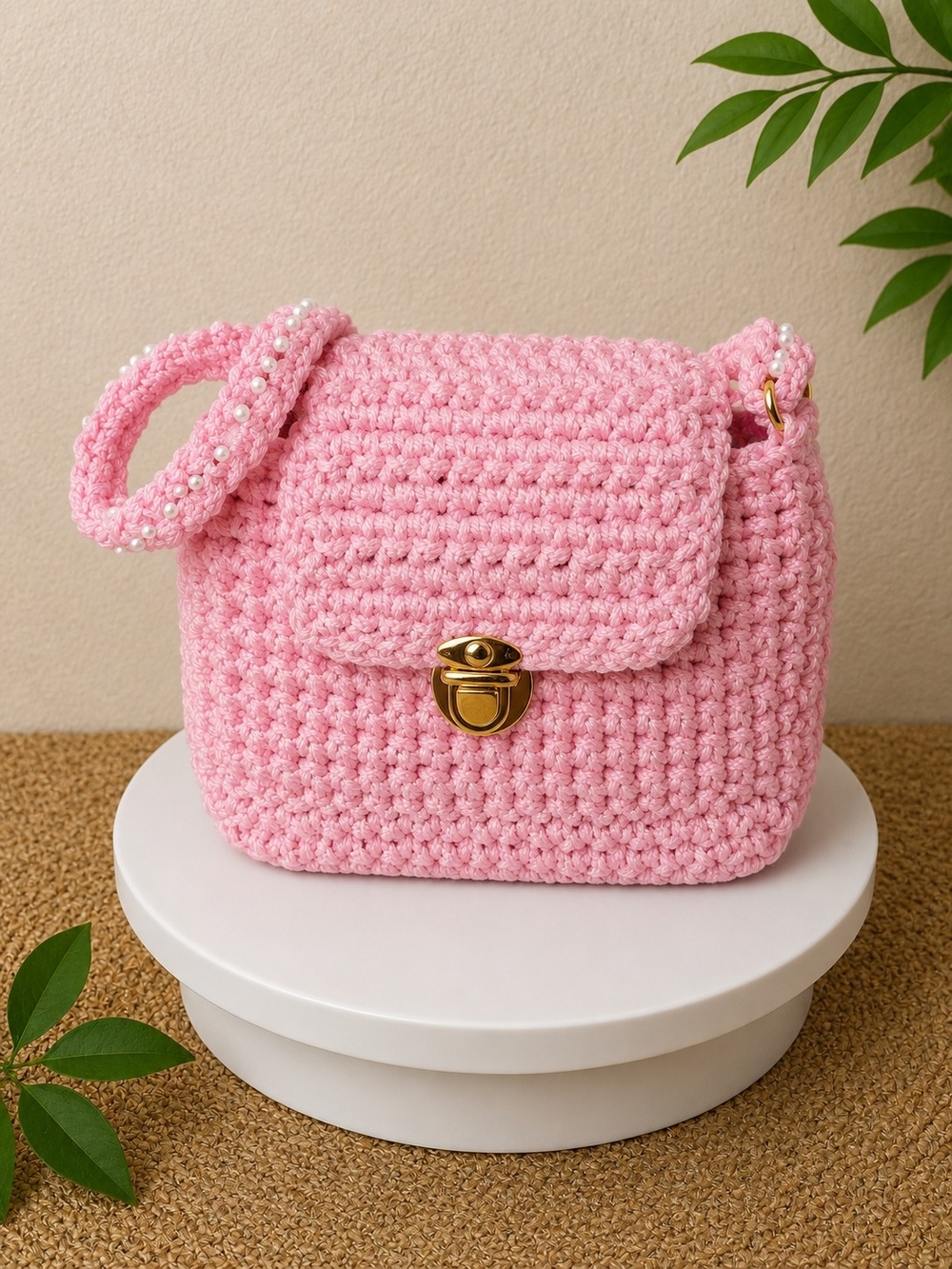 Soft Pink Crochet Crossbody Bag with Pearl-Trim Strap